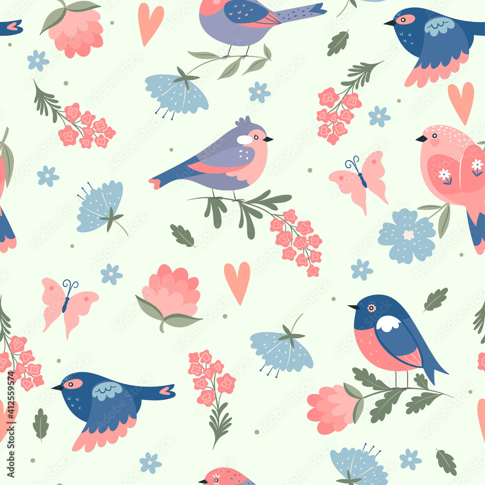 Cute spring birds seamless pattern. Vector graphics.