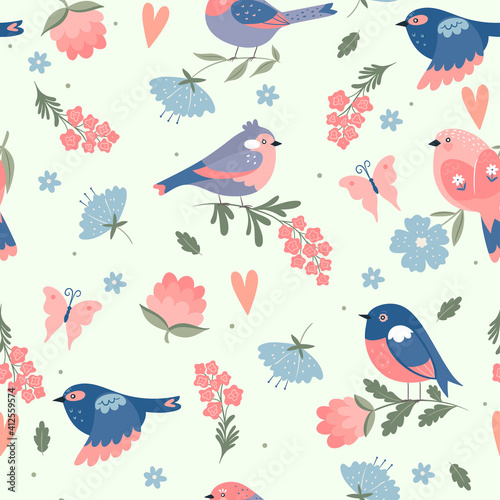 Cute spring birds seamless pattern. Vector graphics.