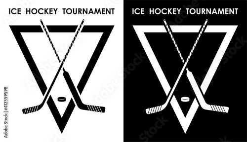 symbol, emblem of sports sticks for goalkeeper and fielder and black rubber puck for ice hockey for competition. Hockey sports equipment. Active lifestyle. Vector