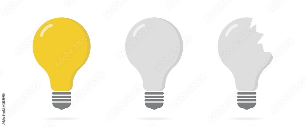 Obraz premium Broken lamp concept. Yellow lightbulb destruction. Whole bulb, lamp off, broken lightbulb. Vector