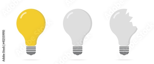 Broken lamp concept. Yellow lightbulb destruction. Whole bulb, lamp off, broken lightbulb. Vector