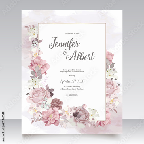  Elegant wedding invitation card with brown  floral and leaves template Premium Vector
