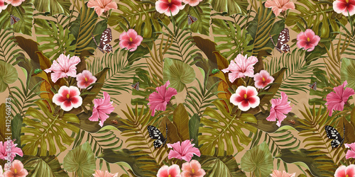 Vintage pattern in Hawaiian style with hibiscus flowers, butterflies, beetles and tropical leaves. Tropical exotic wallpaper. Hand drawing. Palm, monstera, colocasia, banana leaves. 