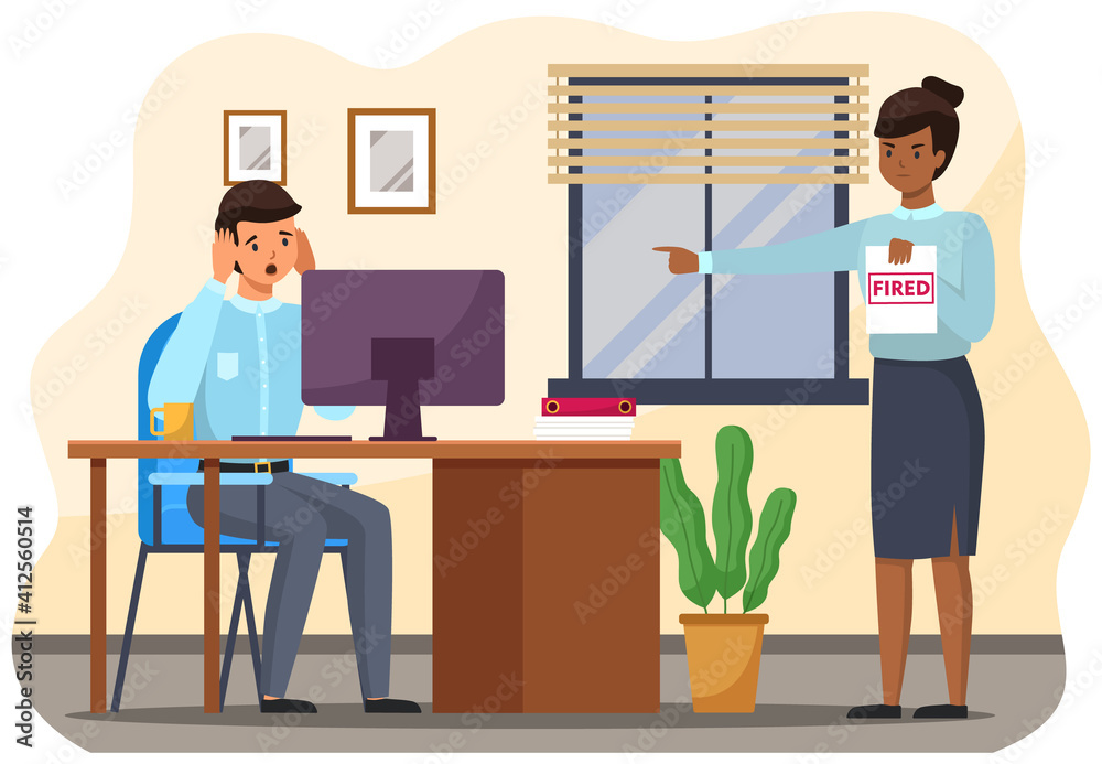 Layoff concept. Boss dismissed employee. Unhappy fired man sitting at workplace at a table with computer. Unemployment dismissal of fellow workers. Crisis, jobless and employee job reduction concept Layoff concept. Boss dismissed employee. Unhappy fired man sitting at workplace at a table with computer. Unemployment dismissal of fellow workers. Crisis, jobless and employee job reduction concept