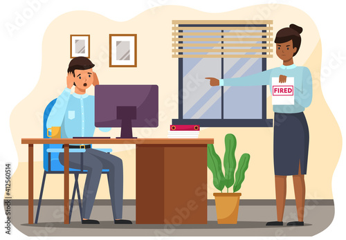 Layoff concept. Boss dismissed employee. Unhappy fired man sitting at workplace at a table with computer. Unemployment dismissal of fellow workers. Crisis, jobless and employee job reduction concept