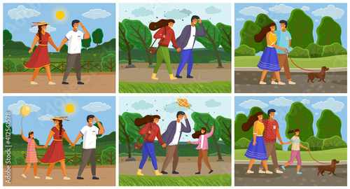 Set of family people images walking in nature. Walking in fresh air with family. Different seasons. Good and bad weather. Spend time with loved ones. Sports and gaming activity. Flat vector image