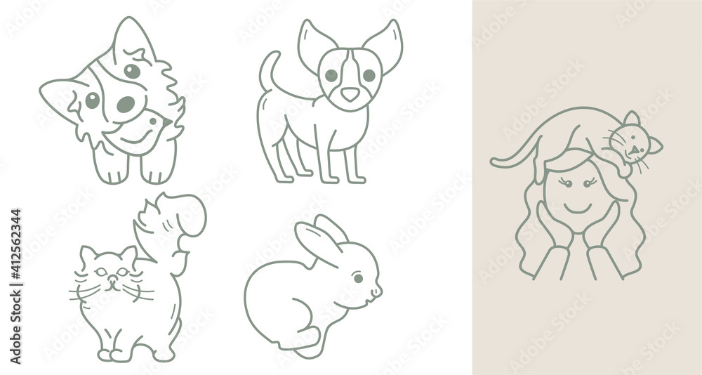 set of pets: small dogs, cats, a rabbit, and a cat on the head of the hostess. playful animals, cute human friends