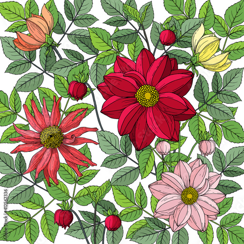 Pattern of autumn flowers and leaves  dahlia  zinnia. Hand drawn vector illustration isolated on white background.