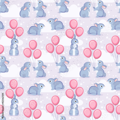Seamless pattern with adorable cartoon bunnies with colorful balloons. Vector illustrtion.