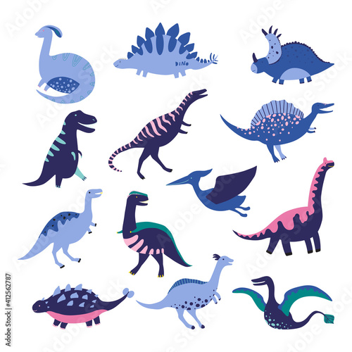 Set of Dinosaurus. Vector illustration in flat style. For poster, t-shirt, wallpaper, card.