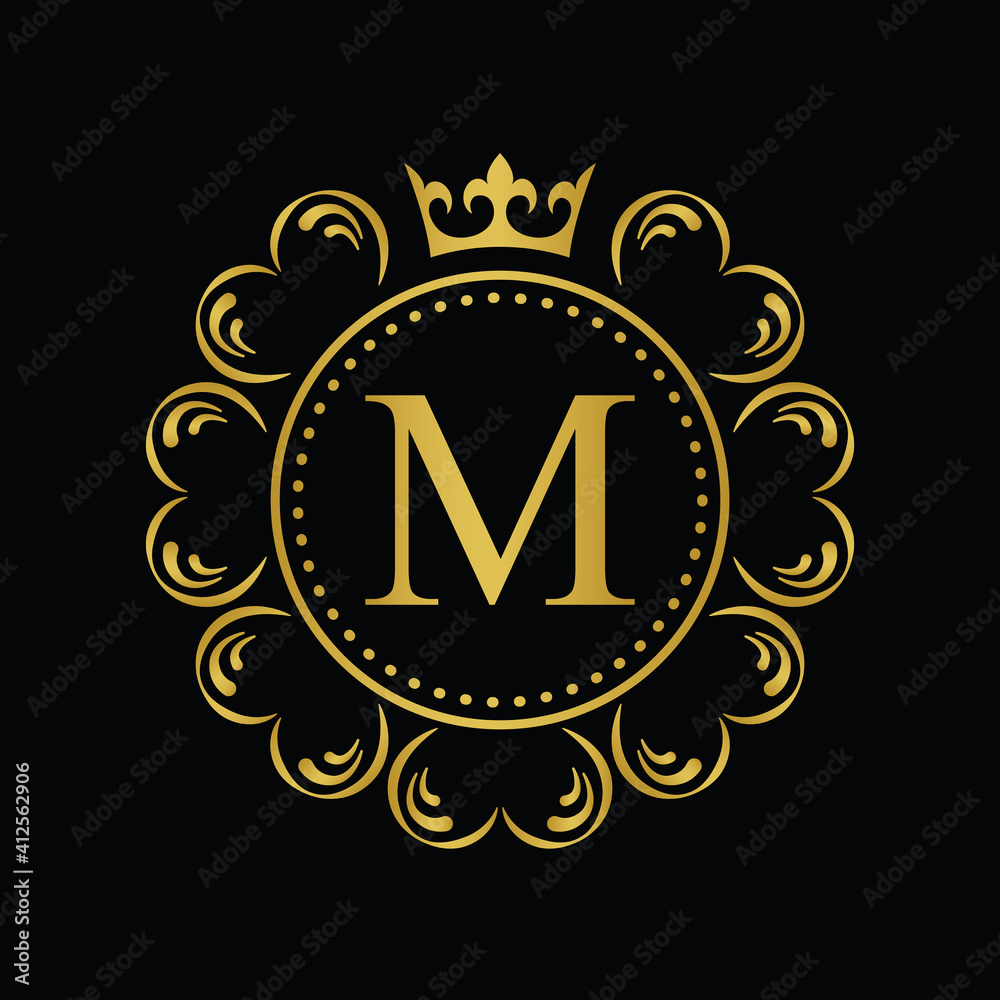 Fototapeta premium Golden Letter M. template logo Luxury gold letter with crown. Monogram alphabet . Beautiful royal initials letter.