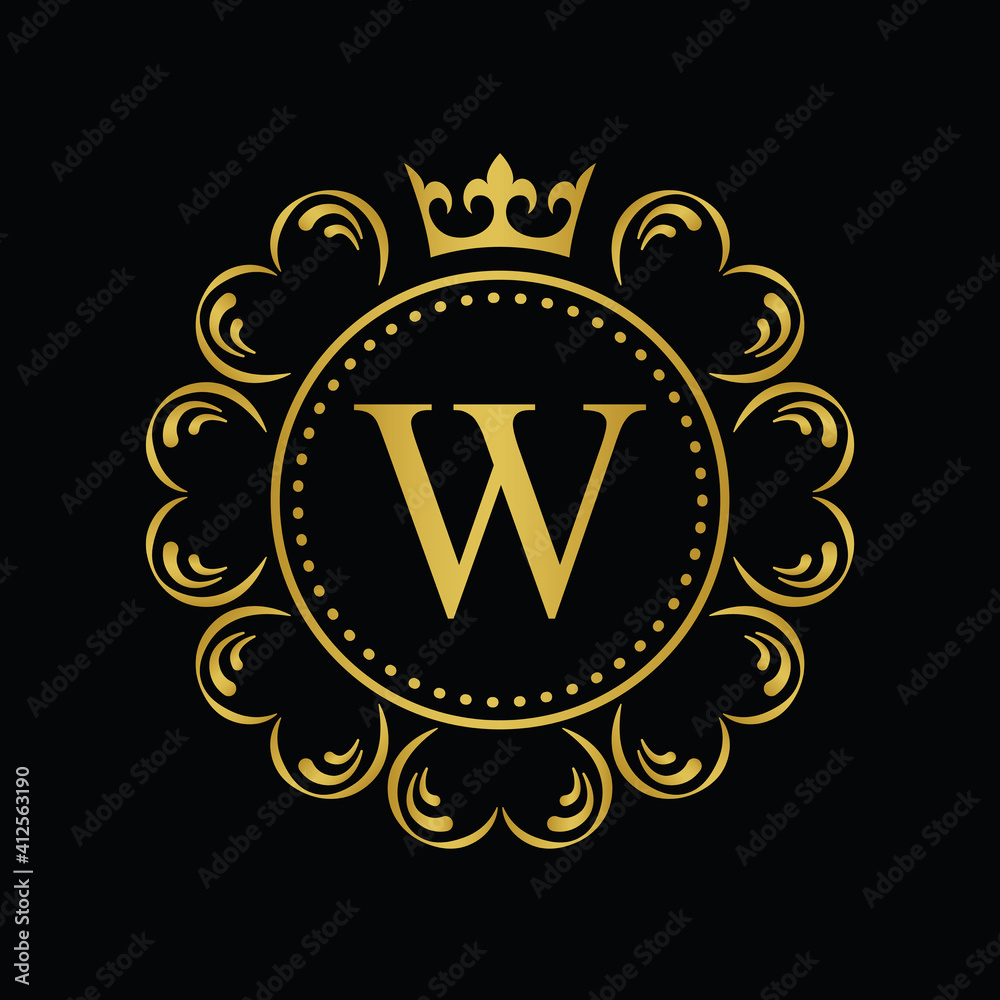 Obraz premium Golden Letter W. template logo Luxury gold letter with crown. Monogram alphabet . Beautiful royal initials letter.