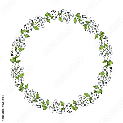 Jasmine branch with flowers  buds and leaves. Floral wreath. Hand-drawn vector illustration in sketch style.