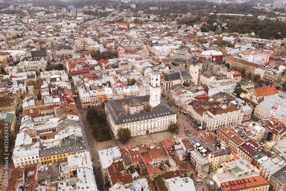 Aerial Panorama View of European City Lviv, Ukraine