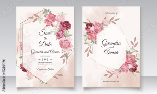  Elegant wedding invitation card with brown  floral and leaves template Premium Vector