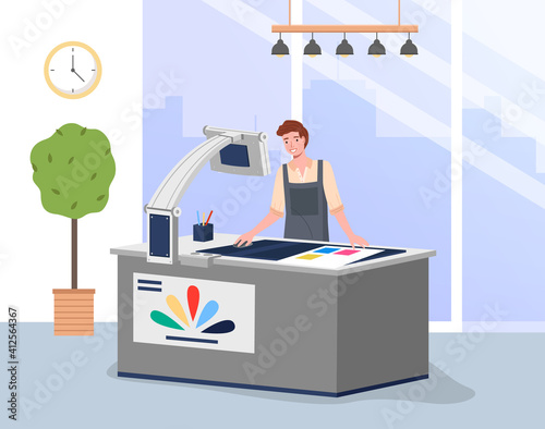 Young man working in typography at print to printer. Concept employee character, electronic device, laptop and computer, paint service. Vector illustration print house worker in the production area