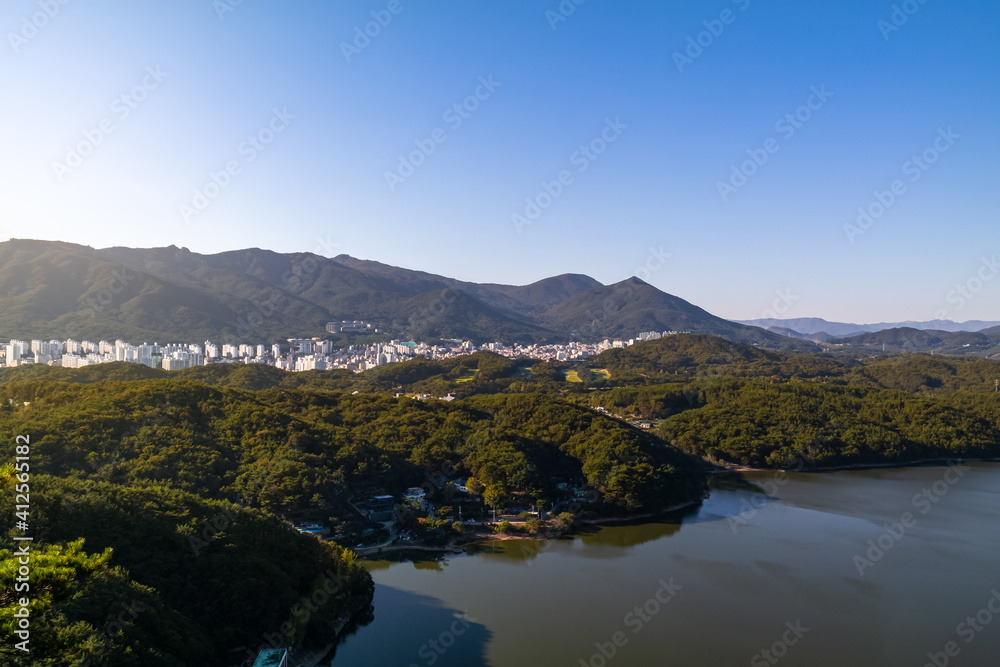 The famous landmark of Busan, South Korea, Hoedong dam and the beautiful city.