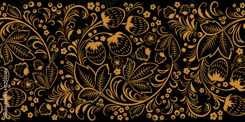 Khokhloma, Russian traditional painted floral pattern. Seamless border. Monochrome pattern on black background.
