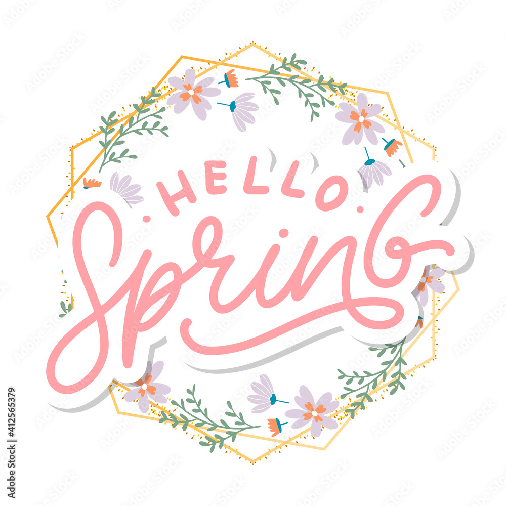 Hello Spring Flowers Text Background Frame lettering slogan
