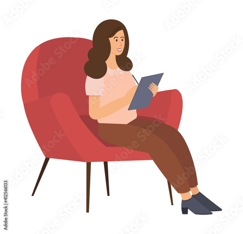 Young woman is sitting on a chair and writing in notebook. Psychotherapist with notepad in hand writes down and asks question. Female character is sitting on a soft chair isolated on white background