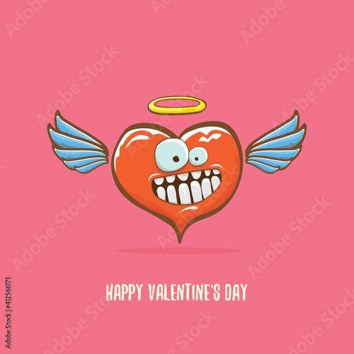 Vector Valentines day greeting card with funny cartoon pink heart character with wings and holy angel golden nimbus isolated on pink background. Conceptual valentines day comic funky kids poster