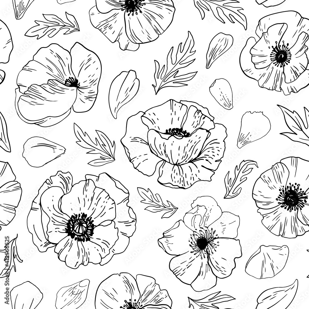 Poppies Pattern Flowers vector line drawing. Drawn by a black line on a white background. Flowers for the memorial. Remembrance day. Poppies Pattern Flowers vector line drawing. Drawn by a black line on a white background. Flowers for the memorial. Remembrance day.