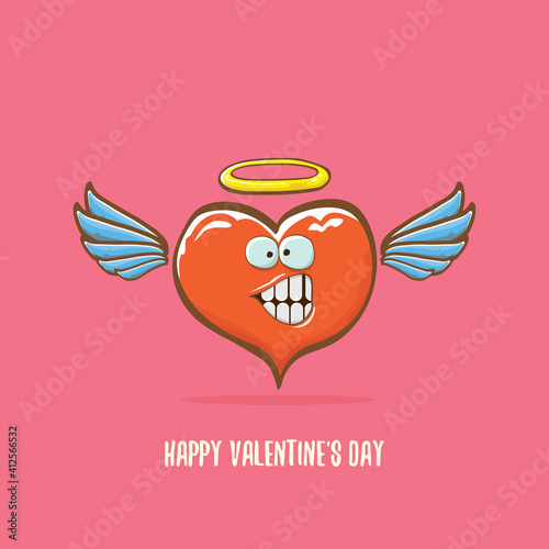 Vector Valentines day greeting card with funny cartoon pink heart character with wings and holy angel golden nimbus isolated on pink background. Conceptual valentines day comic funky kids poster