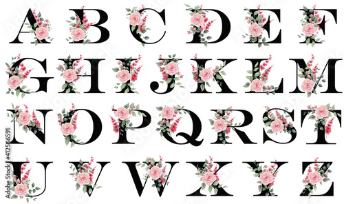 Alphabet with floral decoration. Capital letters with delicate spring flowers for postcards, text, congratulations, booklets, brochures, etc