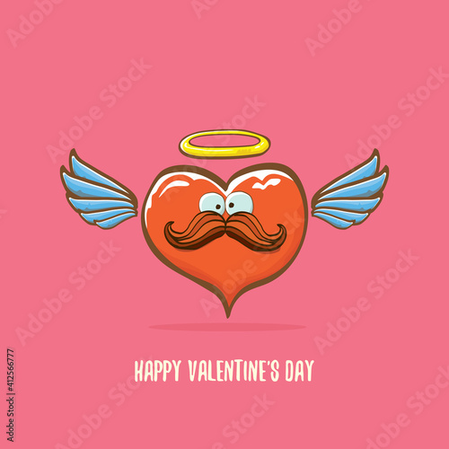 Vector Valentines day greeting card with funny cartoon pink heart character with wings and holy angel golden nimbus isolated on pink background. Conceptual valentines day comic funky kids poster