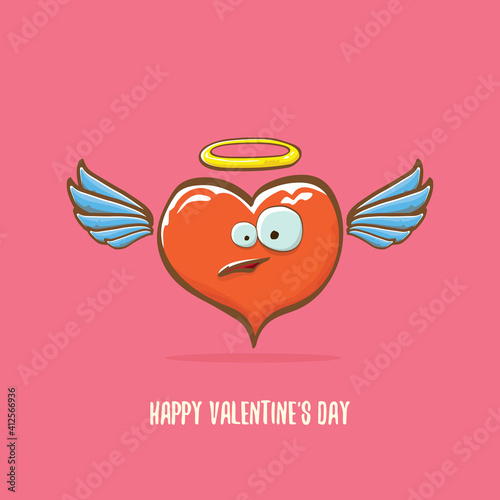 Vector Valentines day greeting card with funny cartoon pink heart character with wings and holy angel golden nimbus isolated on pink background. Conceptual valentines day comic funky kids poster