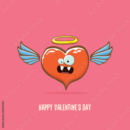 Vector Valentines day greeting card with funny cartoon pink heart character with wings and holy angel golden nimbus isolated on pink background. Conceptual valentines day comic funky kids poster