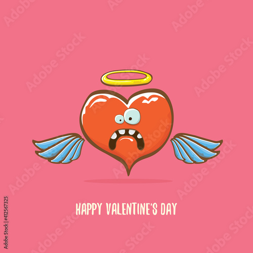Vector Valentines day greeting card with funny cartoon pink heart character with wings and holy angel golden nimbus isolated on pink background. Conceptual valentines day comic funky kids poster