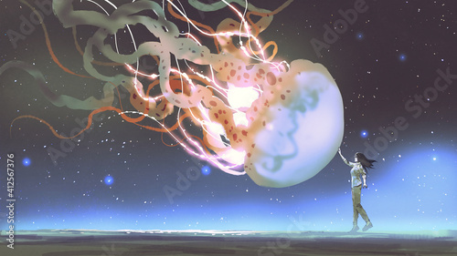 woman reached out to touch the fantasy jellyfish floating in the air, digital art style, illustration painting