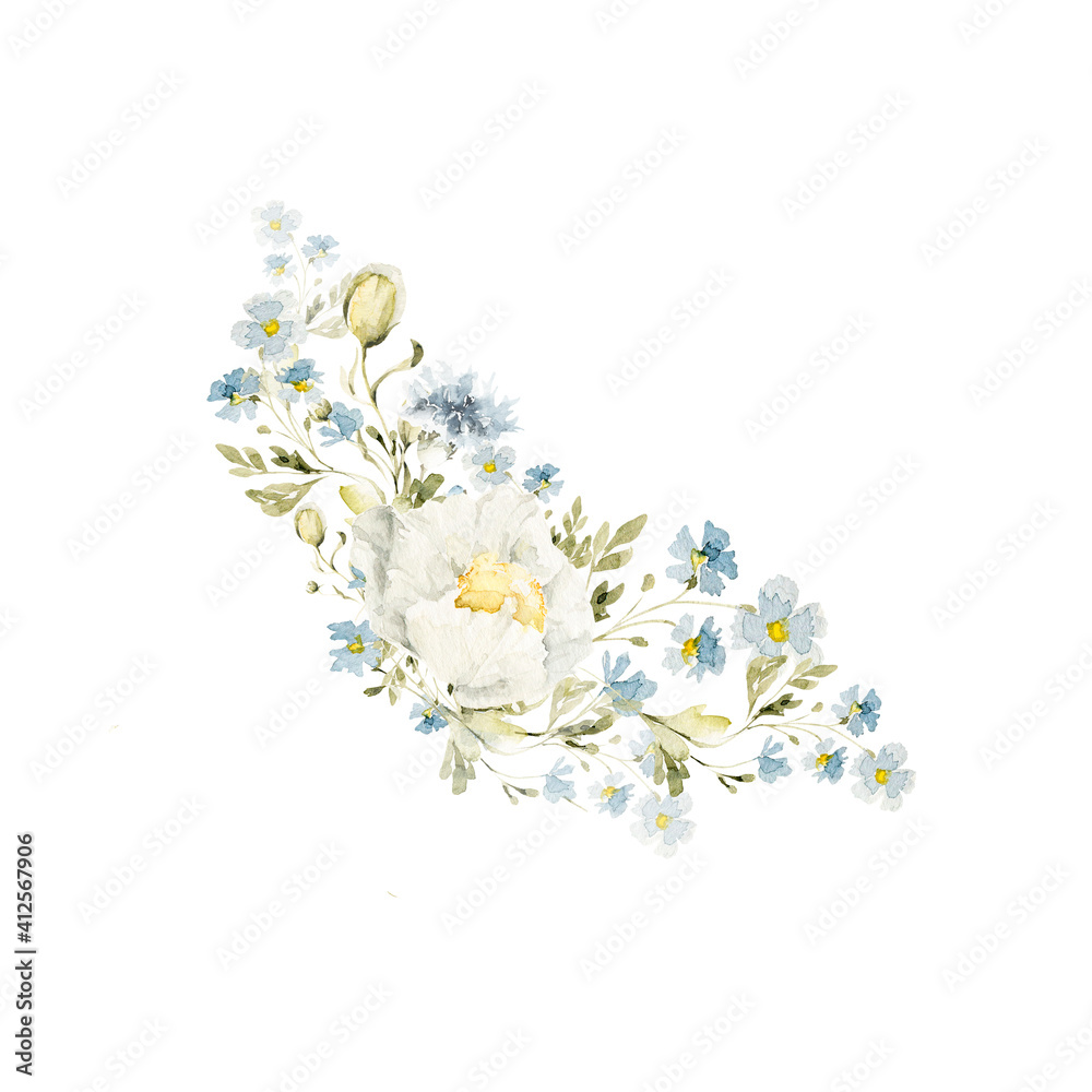 Fototapeta premium Watercolor floral bouquet. Hand painted set of forest greenery, wildflowers, herbs. Green leaves, chamomile isolated on white background. Botanical illustration for design, print or background