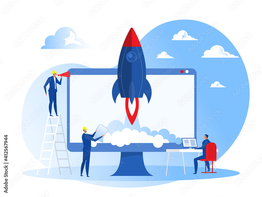 business project start up People launch spaceship rocket ,development products, marketing company, creative idea and innovation new original symbol vector concept