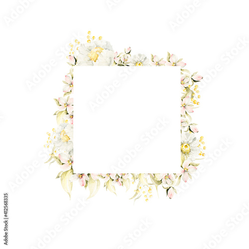 Watercolor floral frame. Hand painted wreath of forest greenery, wildflowers, herbs. Green leaves, chamomile isolated on white background. Botanical illustration for design, print or background