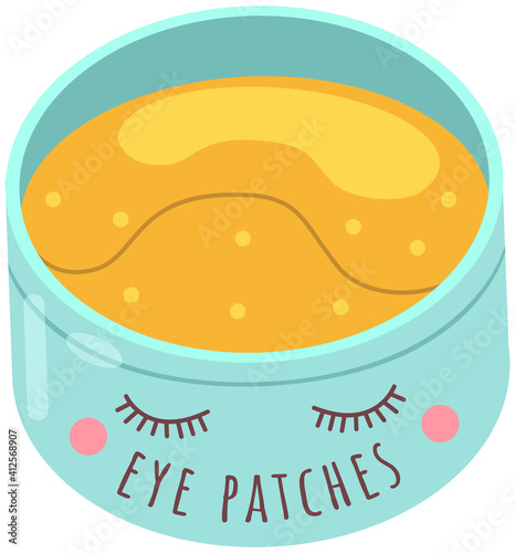 Hydro gel patches. Under eye skin care product. Yellow beauty pads in a cute cartoon plastic container. Transparent patch applicator. Skin rejuvenation and under-eye care product vector image
