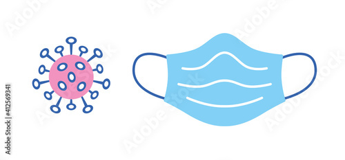 Coronavirus 2019-nCoV strain cell or bacteria and medical face protective mask isolated flat icons, COVID-19 pandemic, flu or corona virus epidemic, vector illustration.