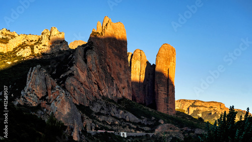 Rock formation called Los Mallos de Riglos, at sunset. Huesca. Aragon. Spain
