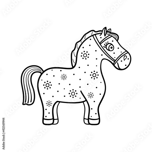 Funny horse is isolated on white background. Cute character for coloring book.