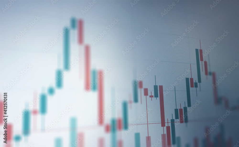 Closeup financial chart in stock market on monitor background. Chart graph as investment concept. Crisis background, red