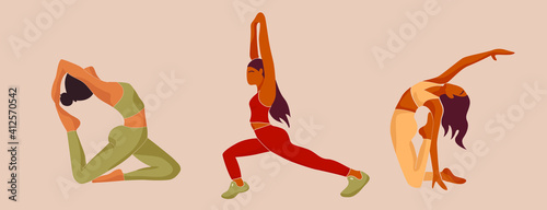 Active sporty girls vector set. Do yoga at home, stay at home and exercise. Women'S yoga. Vector Illustration Of A Beautiful Cartoon