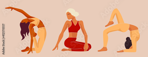 Active sporty girls vector set. Do yoga at home, stay at home and exercise. Women'S yoga. Vector Illustration Of A Beautiful Cartoon