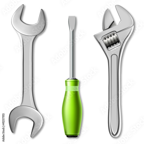 Realistic set of tools of master mechanic or plumber. 3d vector illustration of a wrench, adjustable wrench and screwdriver