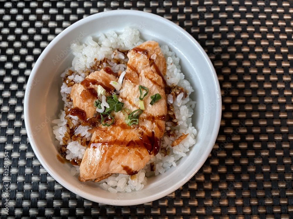 rice with salmon top view rice with salmon top view