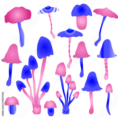 Magic mushrooms. Psychedelic hallucination. Vibrant vector clipart. Fairy Tales illustration on white  background. 