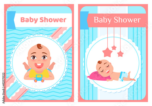 Baby shower greeting card with babies boy or girl lies plays with toys and sleeps on a pillow. Party for expectant mother. Celebrate the birth of an unborn child. Vector llustration with lettering