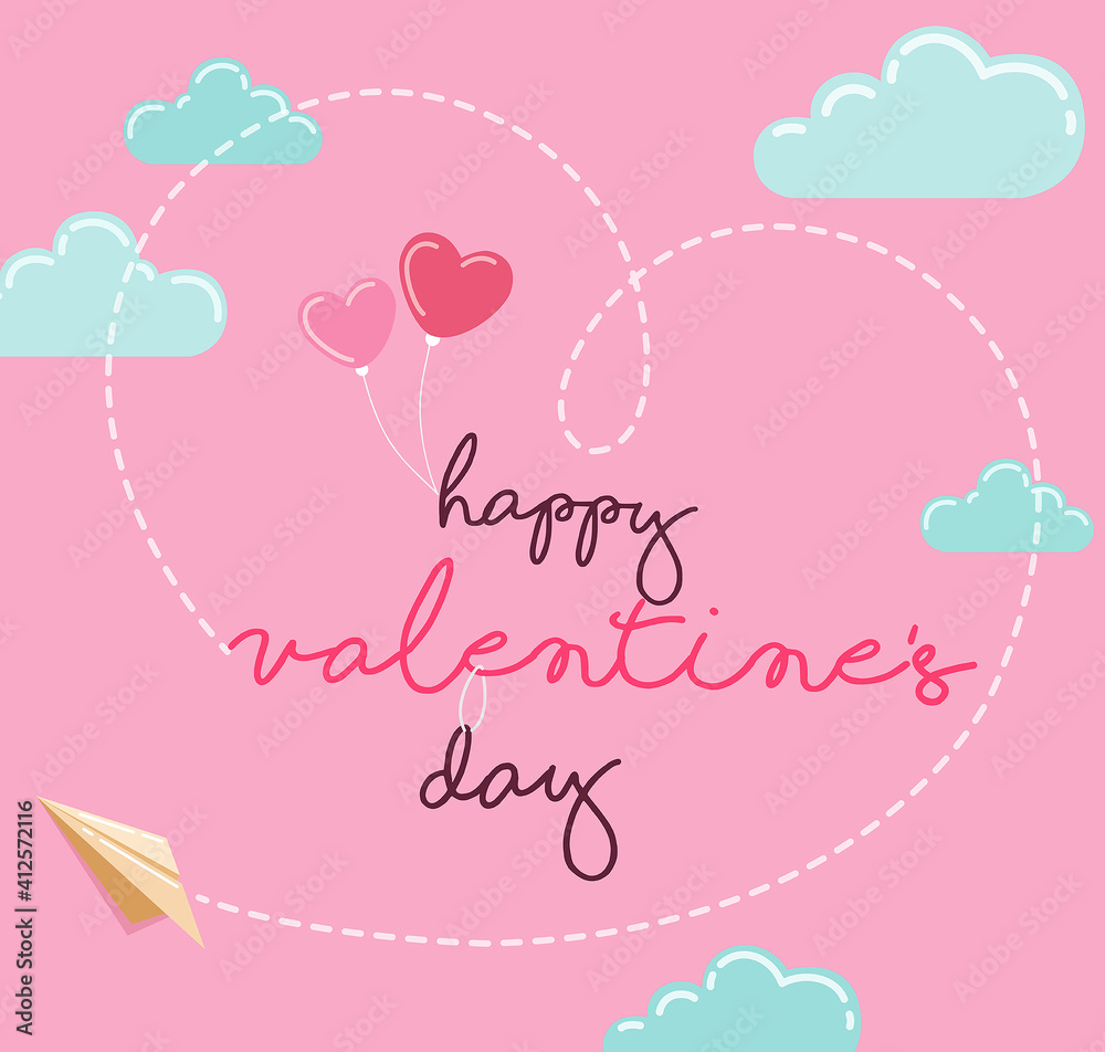 Happy Valentine's Day greeting card design. Holiday banner with hot air heart balloon.