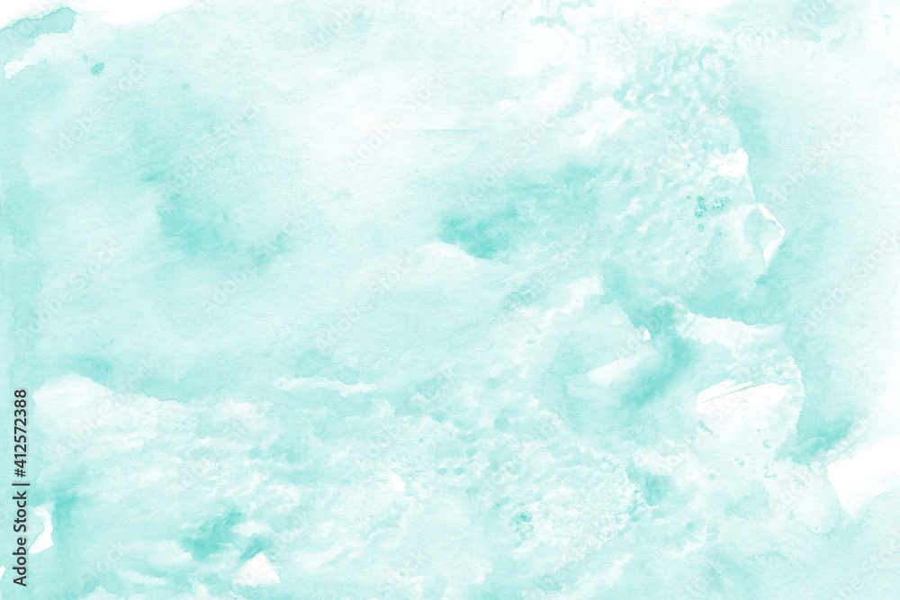 Fototapeta premium Aqua ink and watercolor texture on white paper background. Paint leaks and decalcomania effects. Hand-painted gouache abstract image. Mess on the canvas.