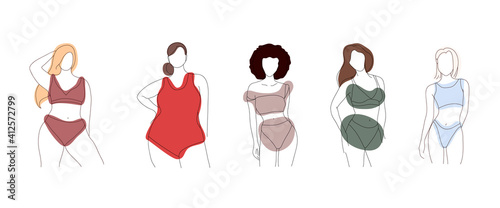 Vector set of women in line art style with abstract shapes